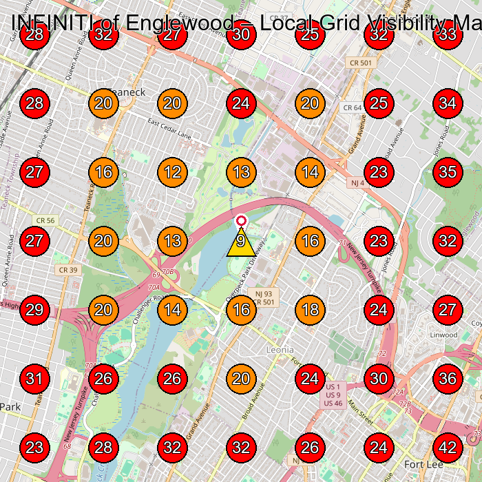 INFINITI of Englewood GeoGrid visibility map for Used Car Dealer in Fort Lee